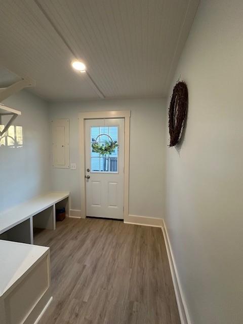 doorway with electric panel, baseboards, and wood finished floors