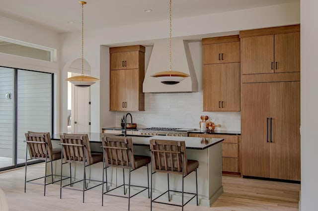 kitchen featuring tasteful backsplash, light hardwood / wood-style flooring, premium range hood, decorative light fixtures, and a center island with sink