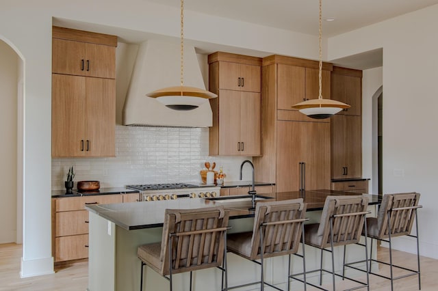 kitchen featuring decorative backsplash, custom exhaust hood, sink, decorative light fixtures, and an island with sink