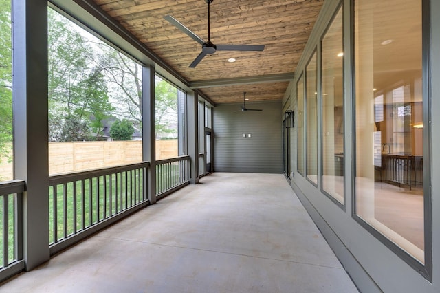 unfurnished sunroom with ceiling fan and wood ceiling