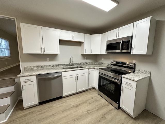 kitchen featuring light stone counters, stainless steel appliances, white cabinetry, and sink