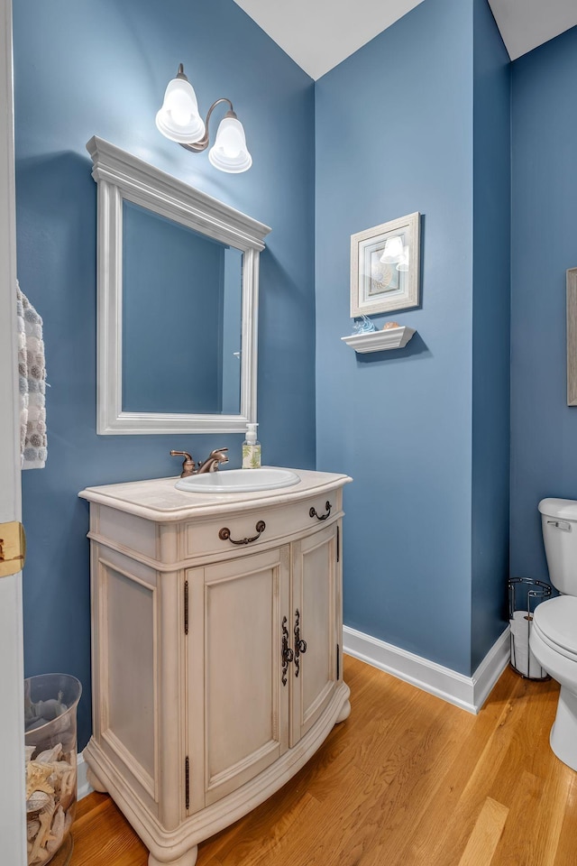 bathroom with vanity, toilet, and wood-type flooring