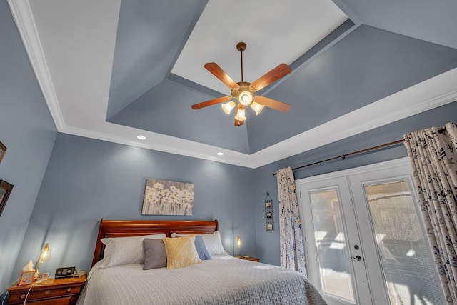 bedroom featuring french doors, access to outside, ceiling fan, and ornamental molding