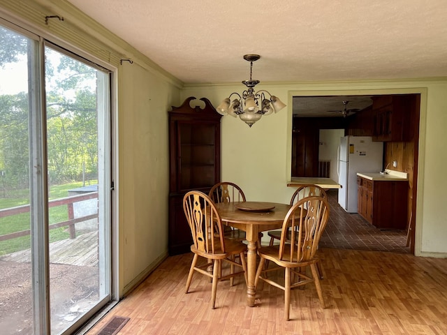 dining room featuring light wood-type flooring, a textured ceiling, and ceiling fan with notable chandelier