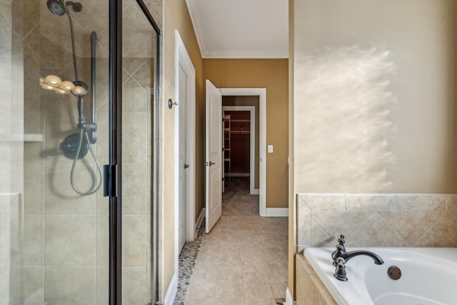 bathroom with plus walk in shower, tile patterned floors, and crown molding