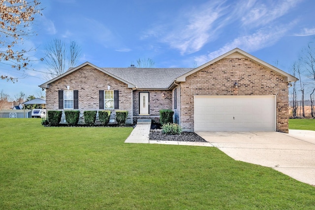 ranch-style home with a garage and a front lawn