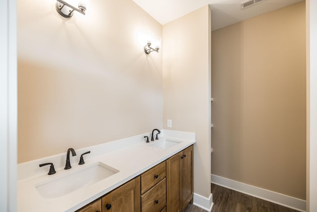 bathroom with wood-type flooring and vanity