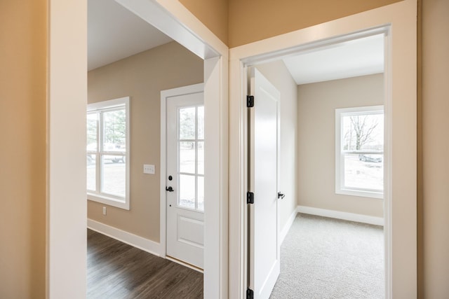 entryway with dark carpet