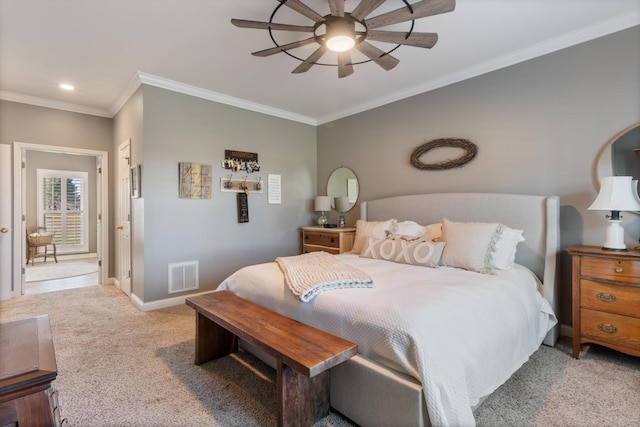 bedroom with ceiling fan, crown molding, and light carpet