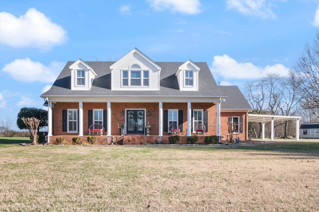 cape cod-style house with a carport, a porch, and a front lawn