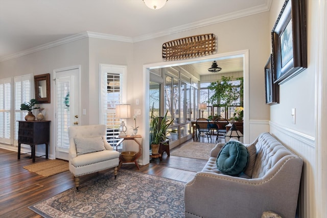 interior space with ornamental molding and dark wood-type flooring