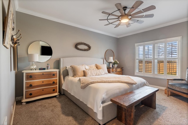 bedroom with ceiling fan, dark carpet, and ornamental molding