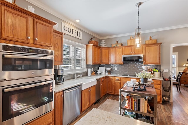 kitchen featuring sink, crown molding, tasteful backsplash, decorative light fixtures, and stainless steel appliances