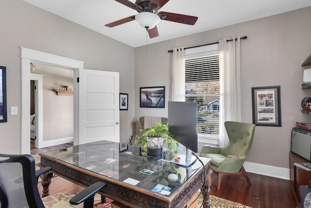 office space with ceiling fan and dark wood-type flooring