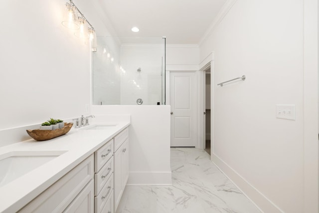 bathroom featuring vanity, walk in shower, and crown molding