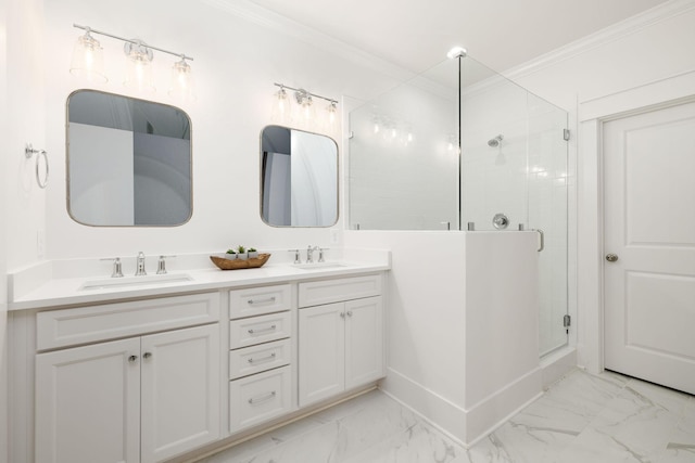 bathroom with vanity, an enclosed shower, and ornamental molding