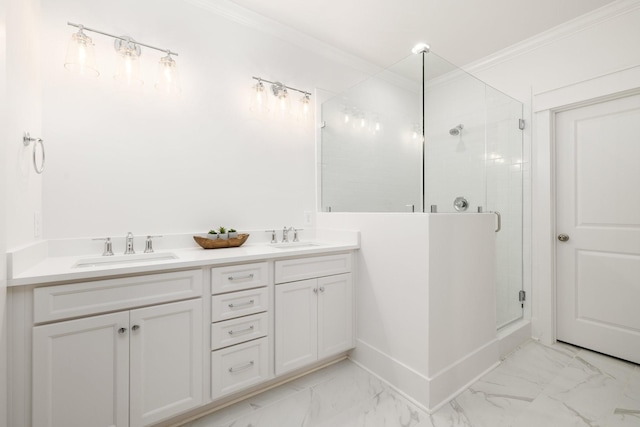 bathroom featuring crown molding, vanity, and a shower with shower door