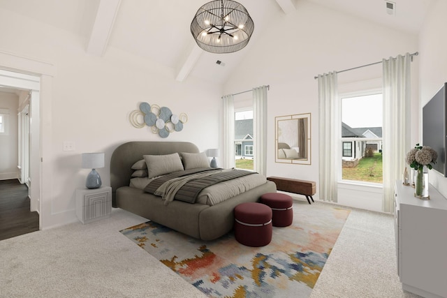 carpeted bedroom featuring beamed ceiling, a notable chandelier, high vaulted ceiling, and multiple windows