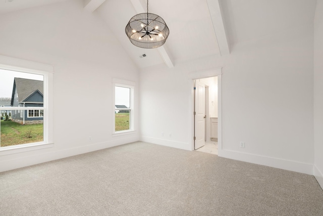 spare room with a chandelier, light carpet, high vaulted ceiling, and beamed ceiling