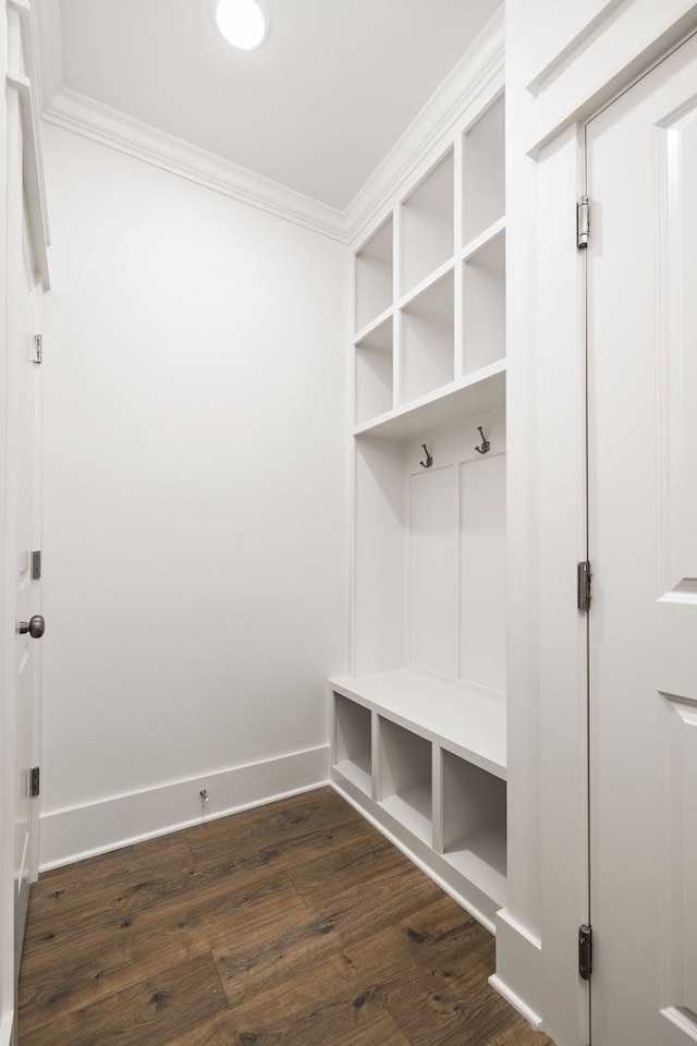 mudroom with dark hardwood / wood-style flooring and crown molding