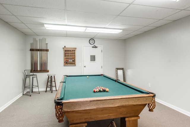 game room with carpet flooring, a drop ceiling, and billiards