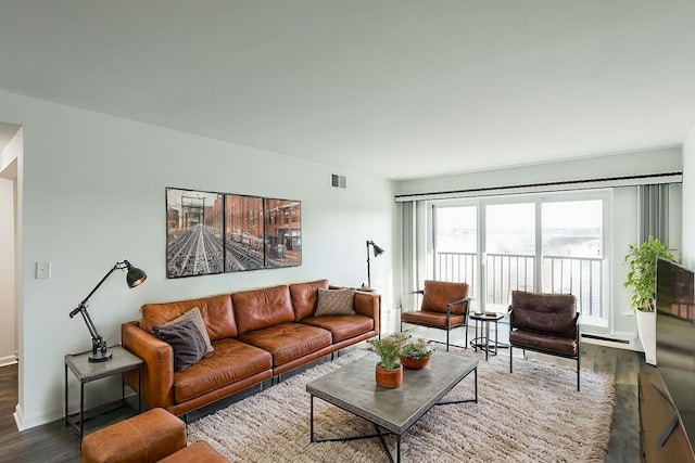 living room with dark wood-type flooring