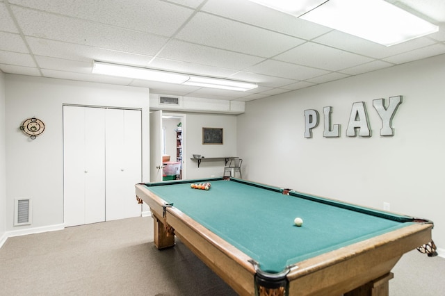 game room featuring a drop ceiling, carpet floors, and billiards