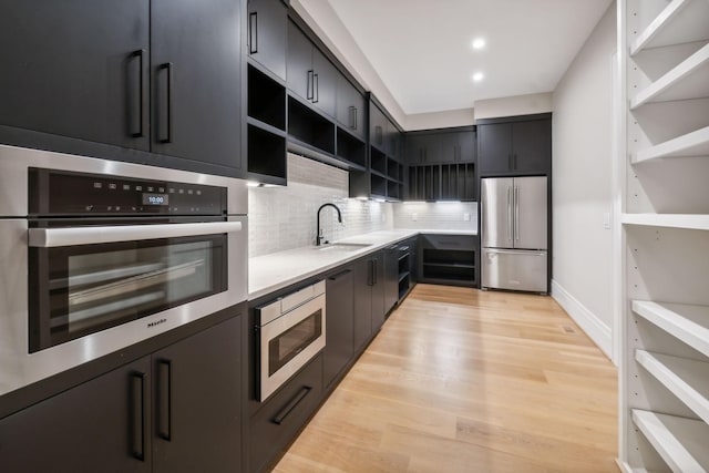 kitchen featuring light hardwood / wood-style flooring, sink, stainless steel appliances, and tasteful backsplash