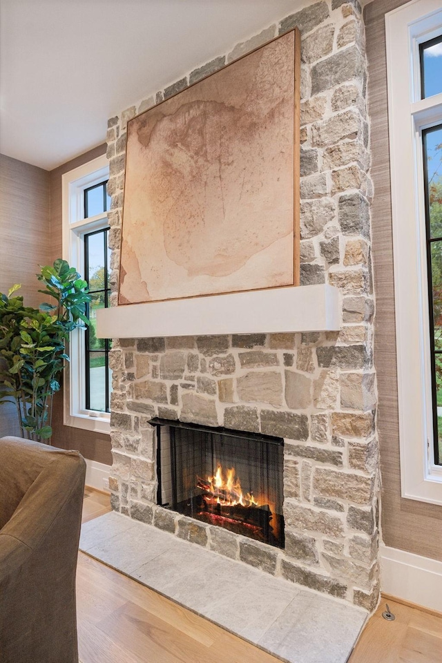 room details featuring a fireplace and hardwood / wood-style flooring