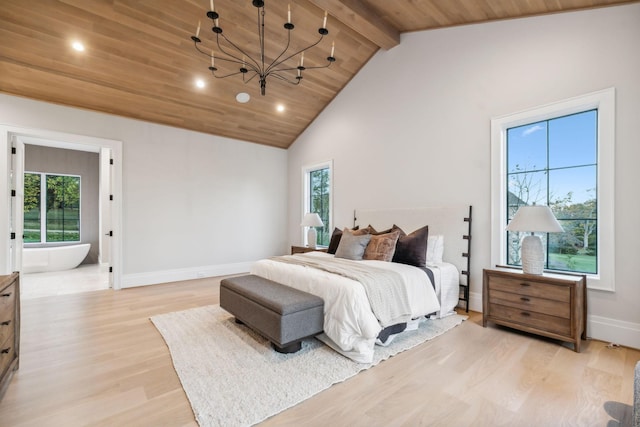 bedroom featuring vaulted ceiling with beams, light wood-type flooring, an inviting chandelier, and multiple windows