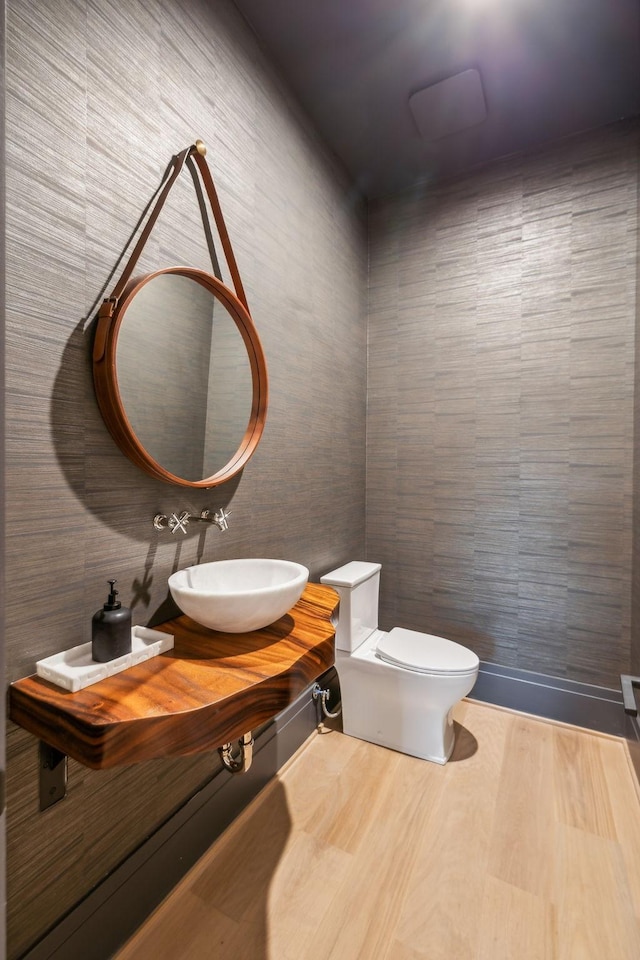 bathroom with wood-type flooring, toilet, and sink