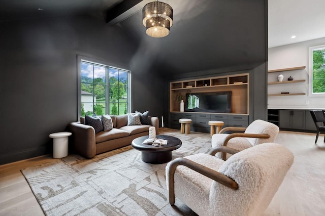 living room featuring beamed ceiling, light hardwood / wood-style flooring, high vaulted ceiling, and a notable chandelier