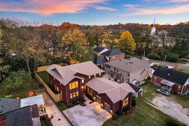 view of aerial view at dusk