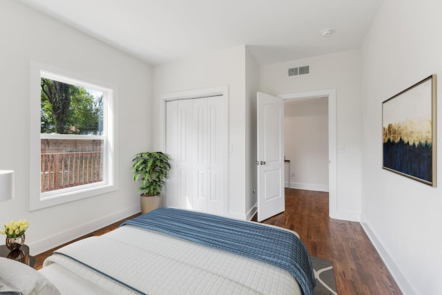 bedroom featuring dark hardwood / wood-style floors and a closet