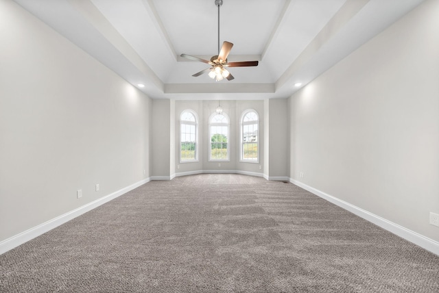 spare room featuring ceiling fan, carpet flooring, and a raised ceiling