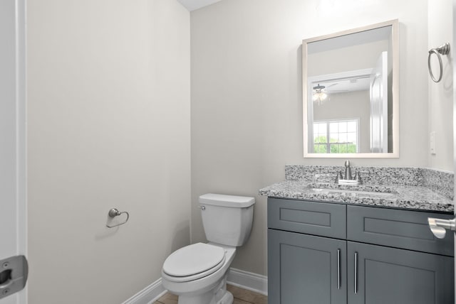 bathroom featuring toilet, ceiling fan, and vanity