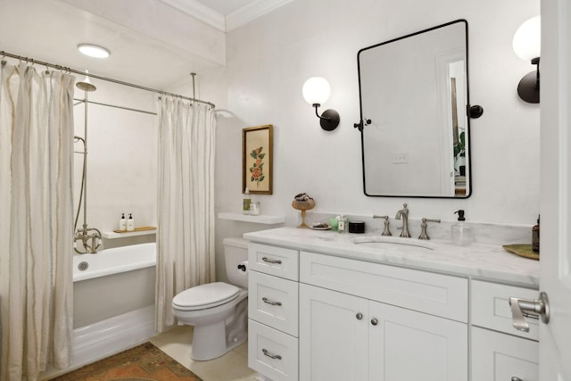 full bathroom featuring shower / bath combination with curtain, vanity, toilet, and crown molding