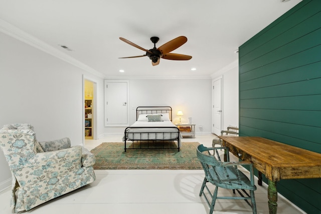 tiled bedroom featuring ceiling fan and ornamental molding