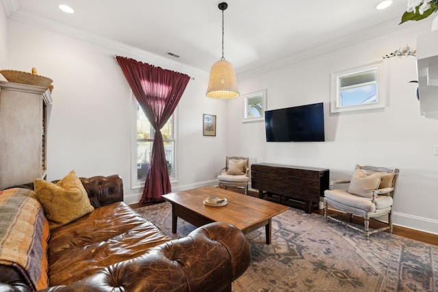 living room with hardwood / wood-style floors, plenty of natural light, and ornamental molding