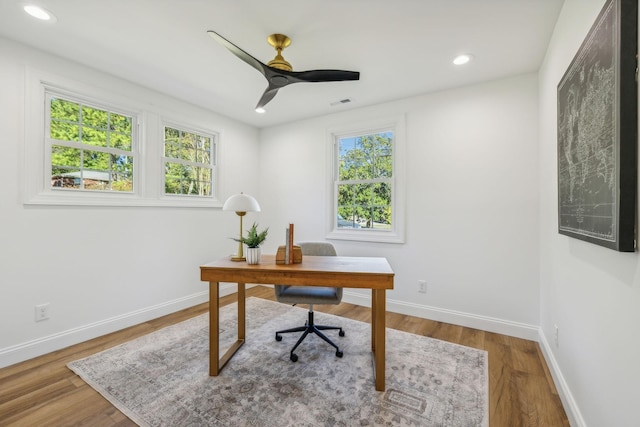 office space with hardwood / wood-style floors, a wealth of natural light, and ceiling fan