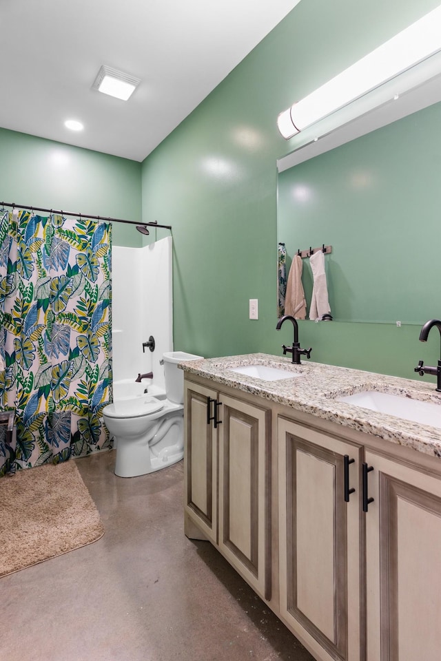 full bathroom featuring vanity, toilet, shower / bath combo with shower curtain, and concrete floors