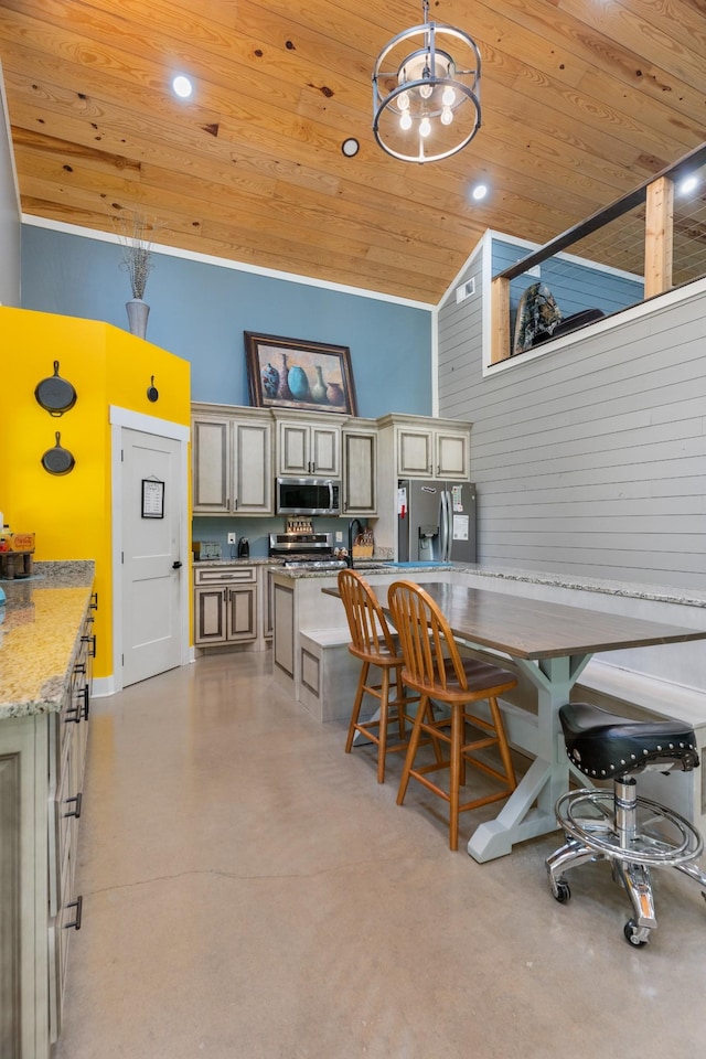 dining area featuring high vaulted ceiling, crown molding, and wood ceiling