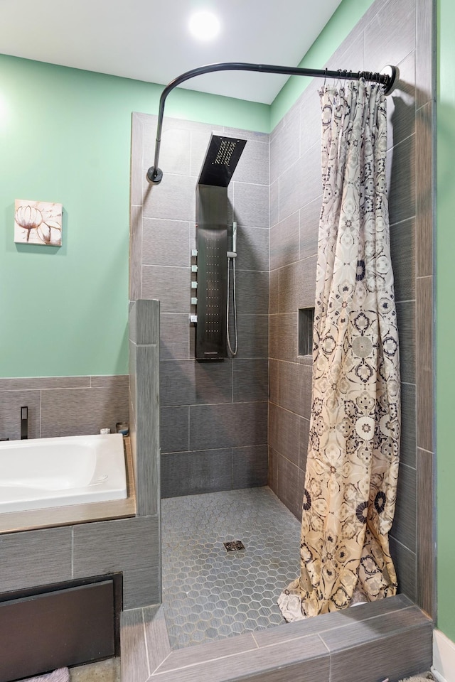 bathroom with tile patterned flooring and a shower with curtain