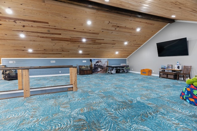 playroom featuring vaulted ceiling with beams, carpet floors, and wood ceiling