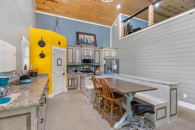 kitchen with light stone countertops, wooden walls, a towering ceiling, and stainless steel appliances