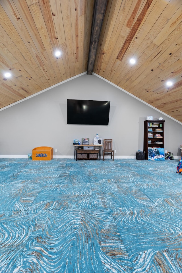 bedroom with carpet floors, lofted ceiling with beams, crown molding, and wood ceiling