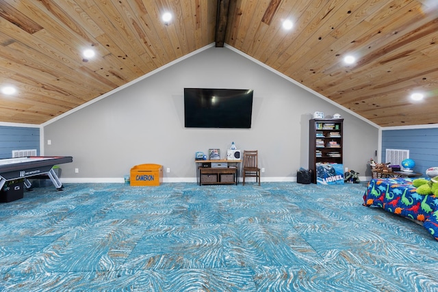 carpeted bedroom with vaulted ceiling with beams and wooden ceiling