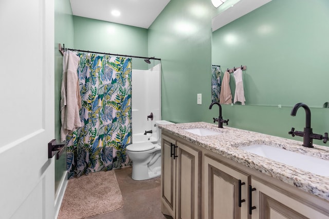 full bathroom featuring vanity, toilet, and shower / bathtub combination with curtain