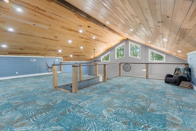 bonus room with carpet flooring, vaulted ceiling with beams, wooden ceiling, and wooden walls