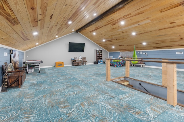 interior space featuring carpet flooring, wooden ceiling, and vaulted ceiling